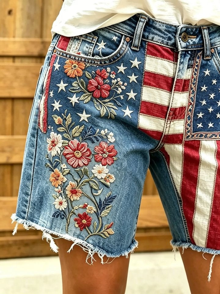 Women's American Flag Floral Print Frayed Hem Denim Bermuda Shorts