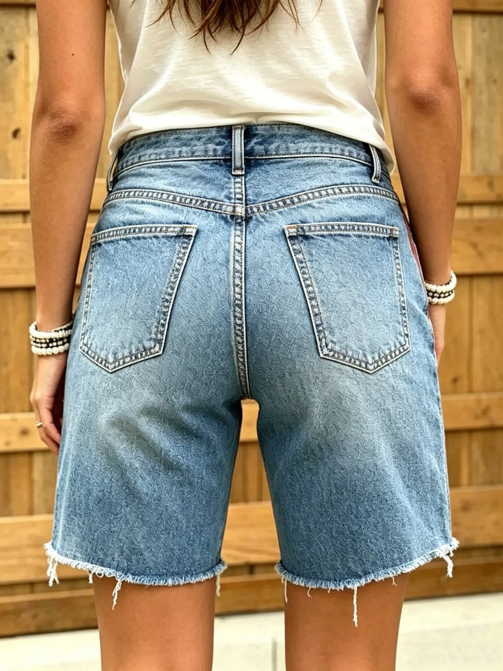Women's American Flag Floral Print Frayed Hem Denim Bermuda Shorts