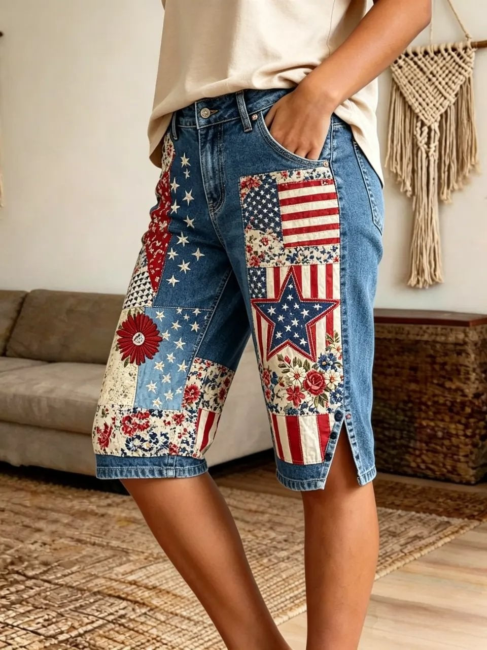 Women's American flag star-patterned floral patchwork denim Bermuda shorts with side slits