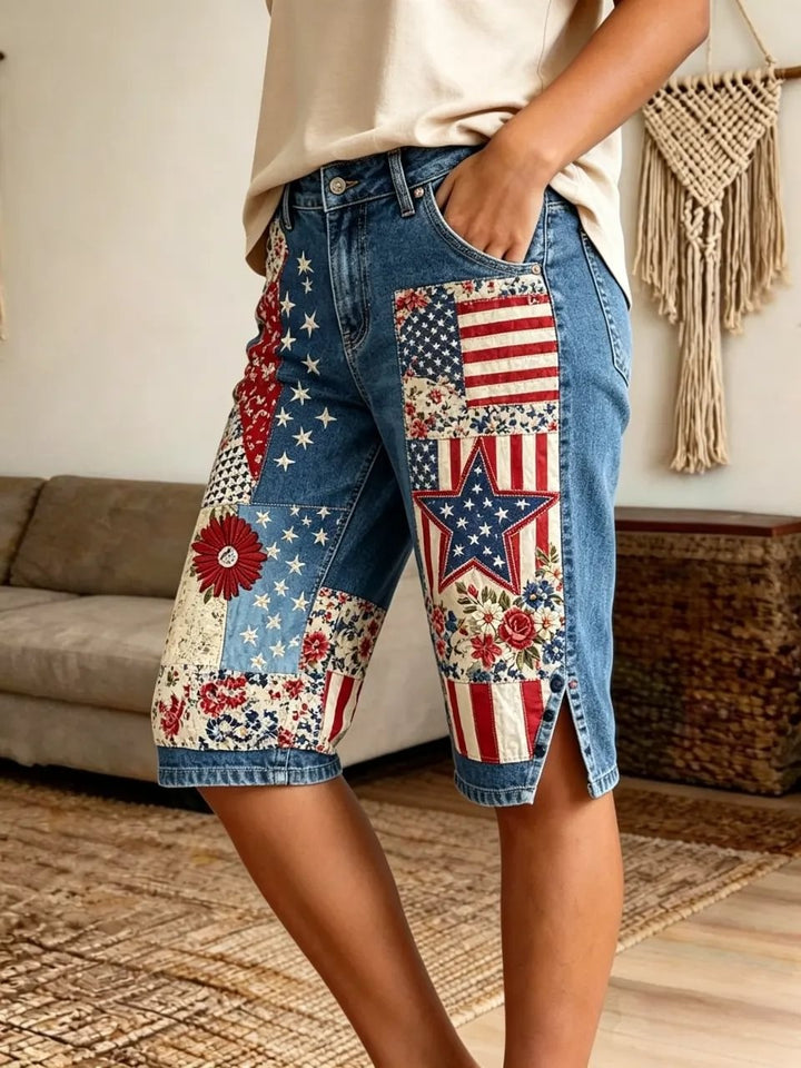 Women's American flag star-patterned floral patchwork denim Bermuda shorts with side slits