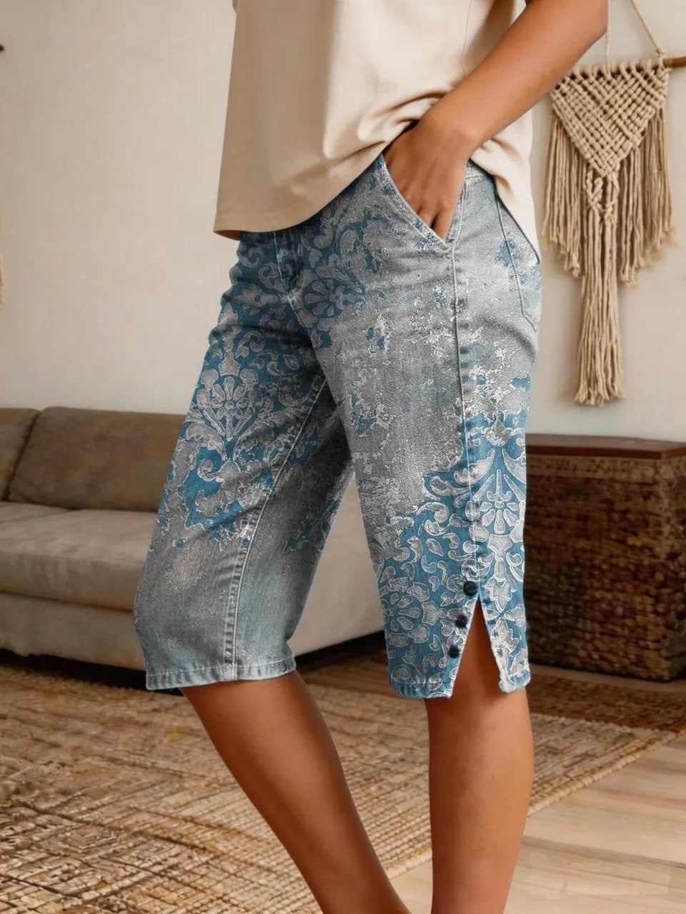 Women's Vintage Washed Damask Print Denim Shorts