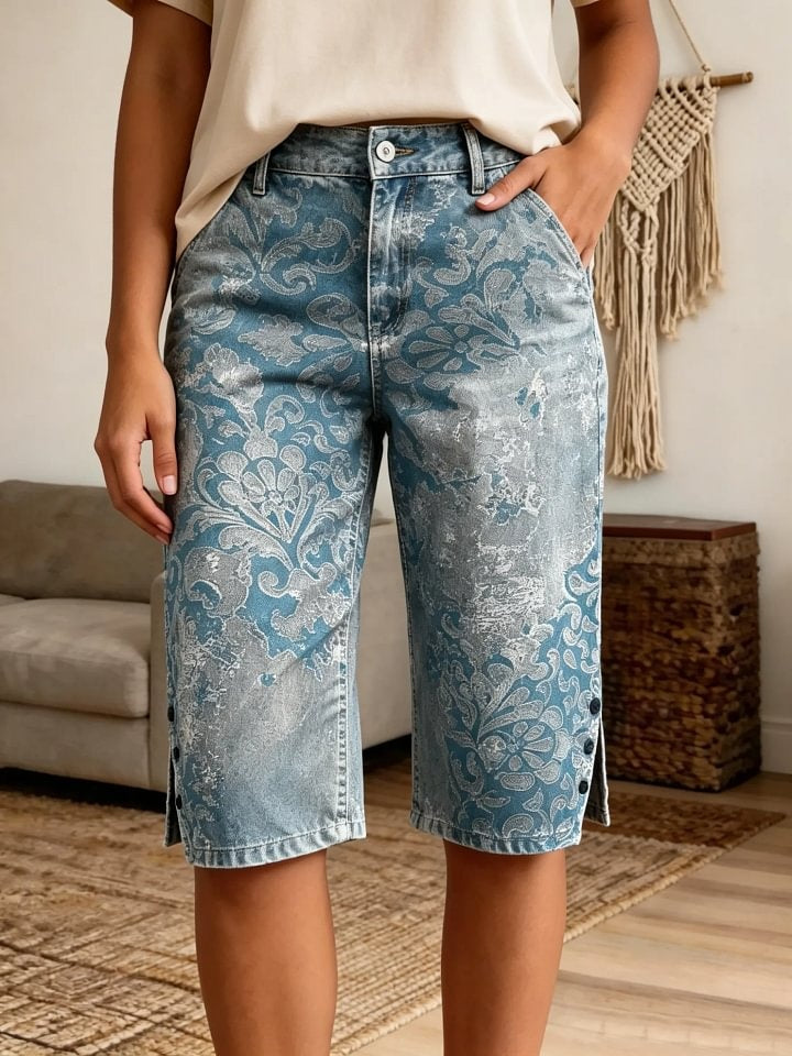 Women's Vintage Washed Damask Print Denim Shorts