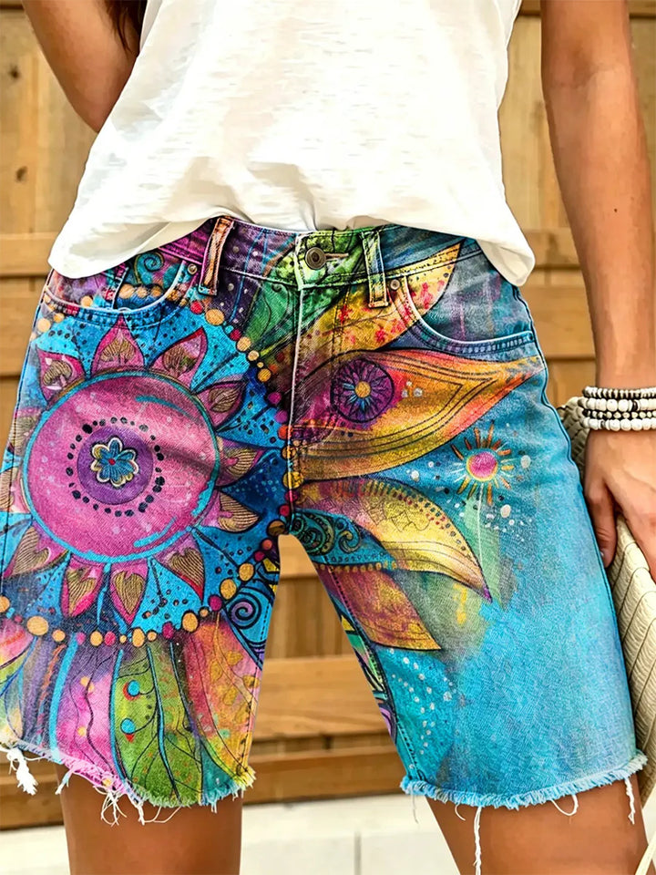 Women's Mandala Sunflower Art Print Frayed Denim Shorts