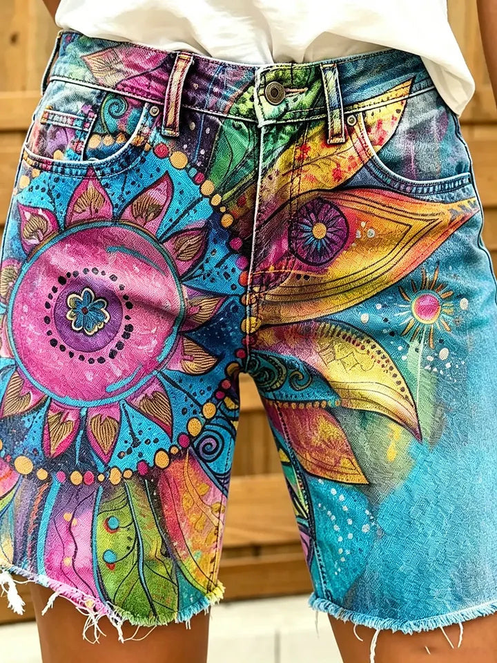 Women's Mandala Sunflower Art Print Frayed Denim Shorts