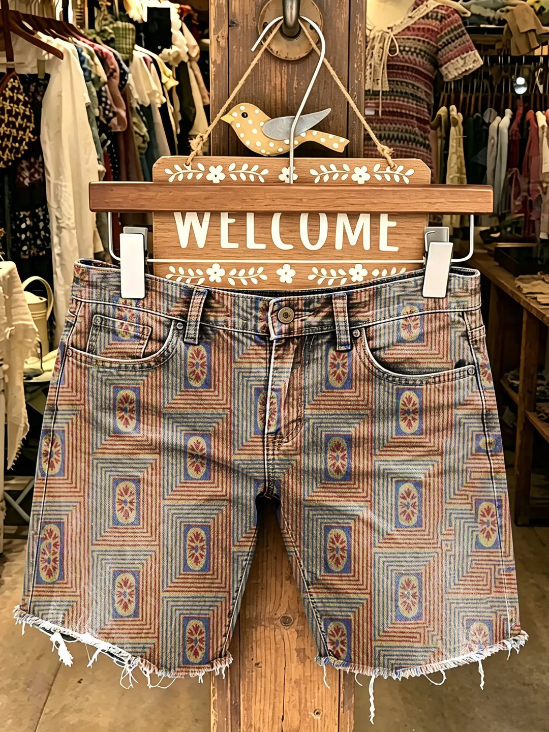 Women's Retro Pattern Art Print Casual Denim Shorts