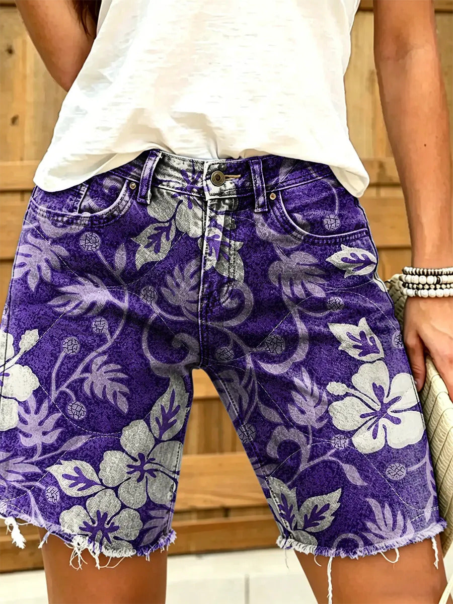 Women's Retro Print Denim Shorts