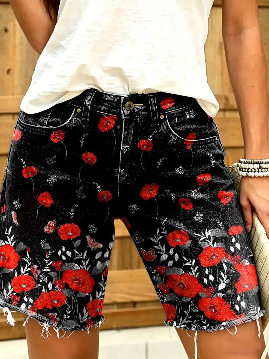 Women's Retro Print Denim Shorts