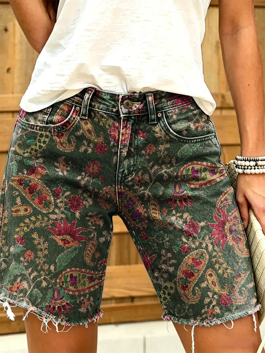 Women's Retro Print Denim Shorts