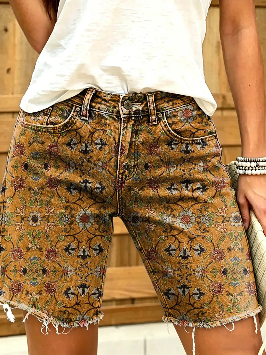 Ethnic floral geometric pattern women's art print casual denim shorts