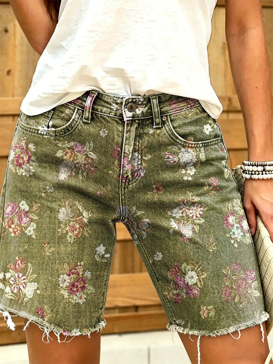 Women's Vintage Green Floral Art Print Fashion Denim Shorts