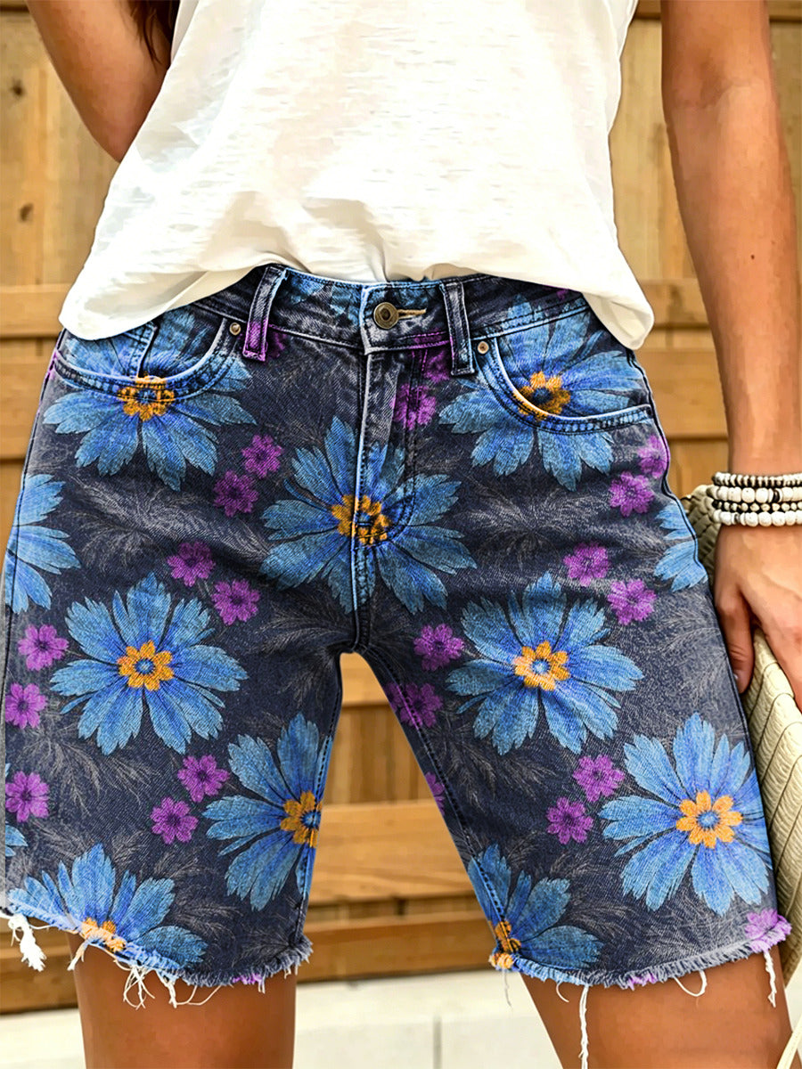 Women's Retro Floral Art Print Casual Washed Cotton Denim Shorts