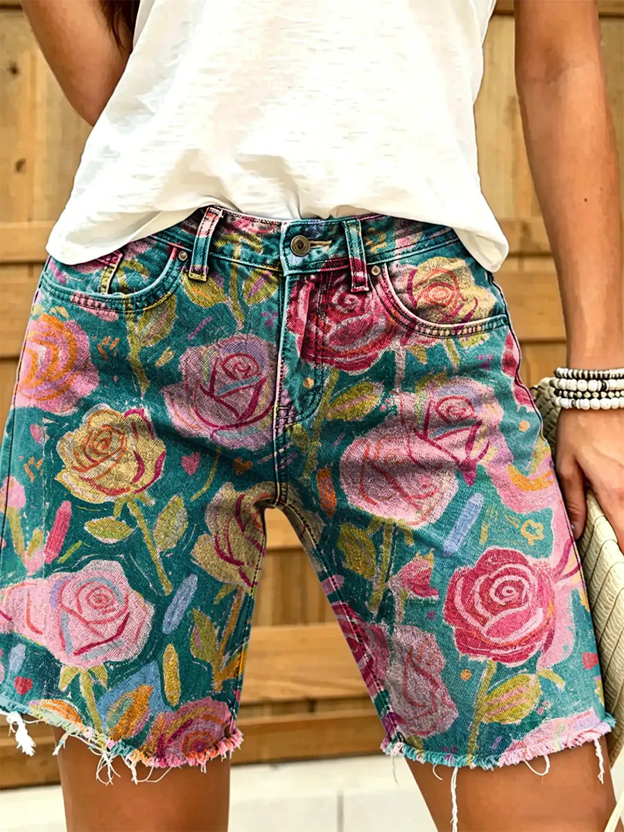 Women's Retro Print Denim Shorts