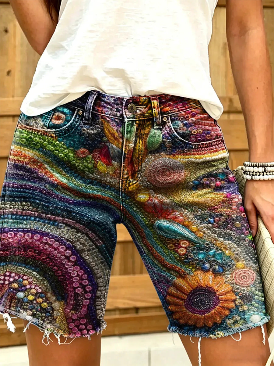 Women's Vintage Asymmetrical Floral Print Denim Shorts
