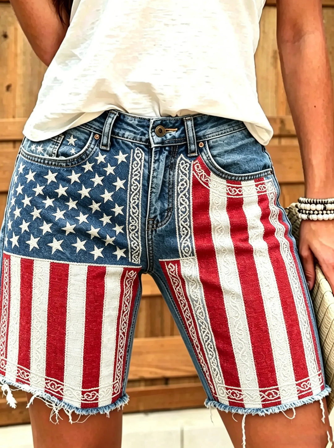 Women's American Flag Print Cotton Denim Shorts