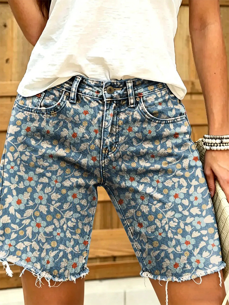 Ethnicity Bohemia Flowers Geometry Women's Art Print Casual Denim Shorts