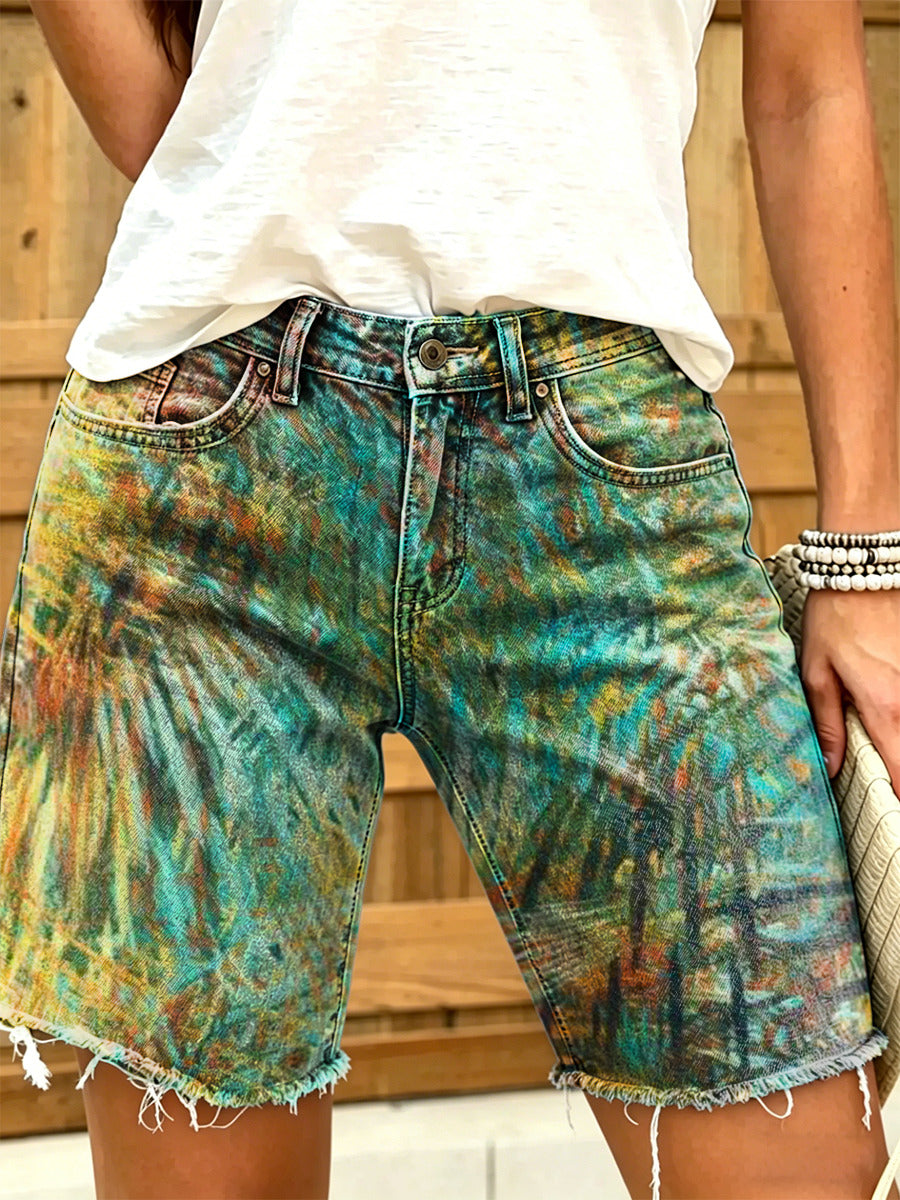 Women's Retro Art Print Casual Washed Cotton Denim Shorts