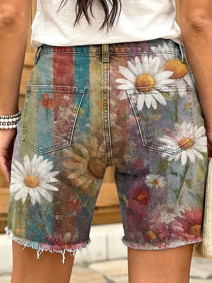 Ethnicity Daisy Colorful Women's Art Print Casual Denim Shorts