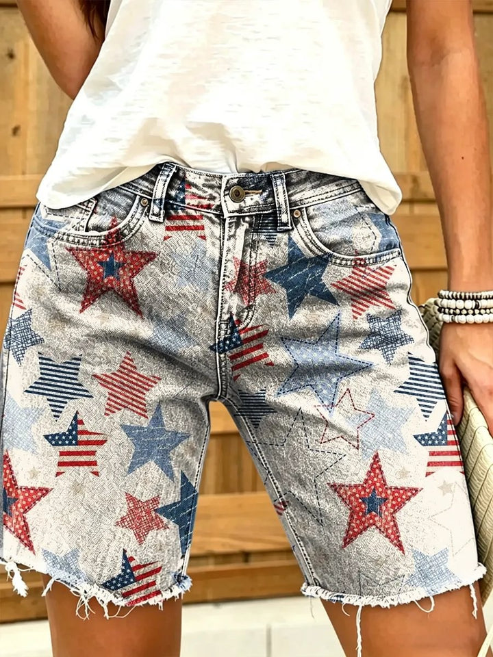 Independence Star Flag Women's Art Print Casual Denim Shorts