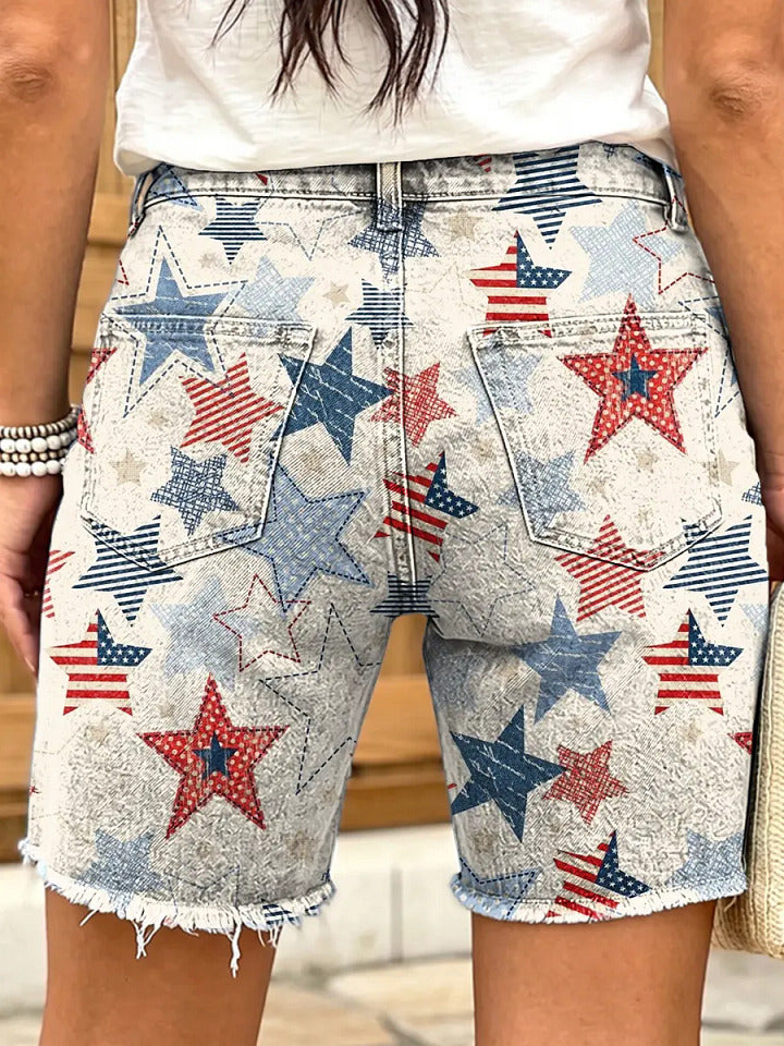 Independence Star Flag Women's Art Print Casual Denim Shorts