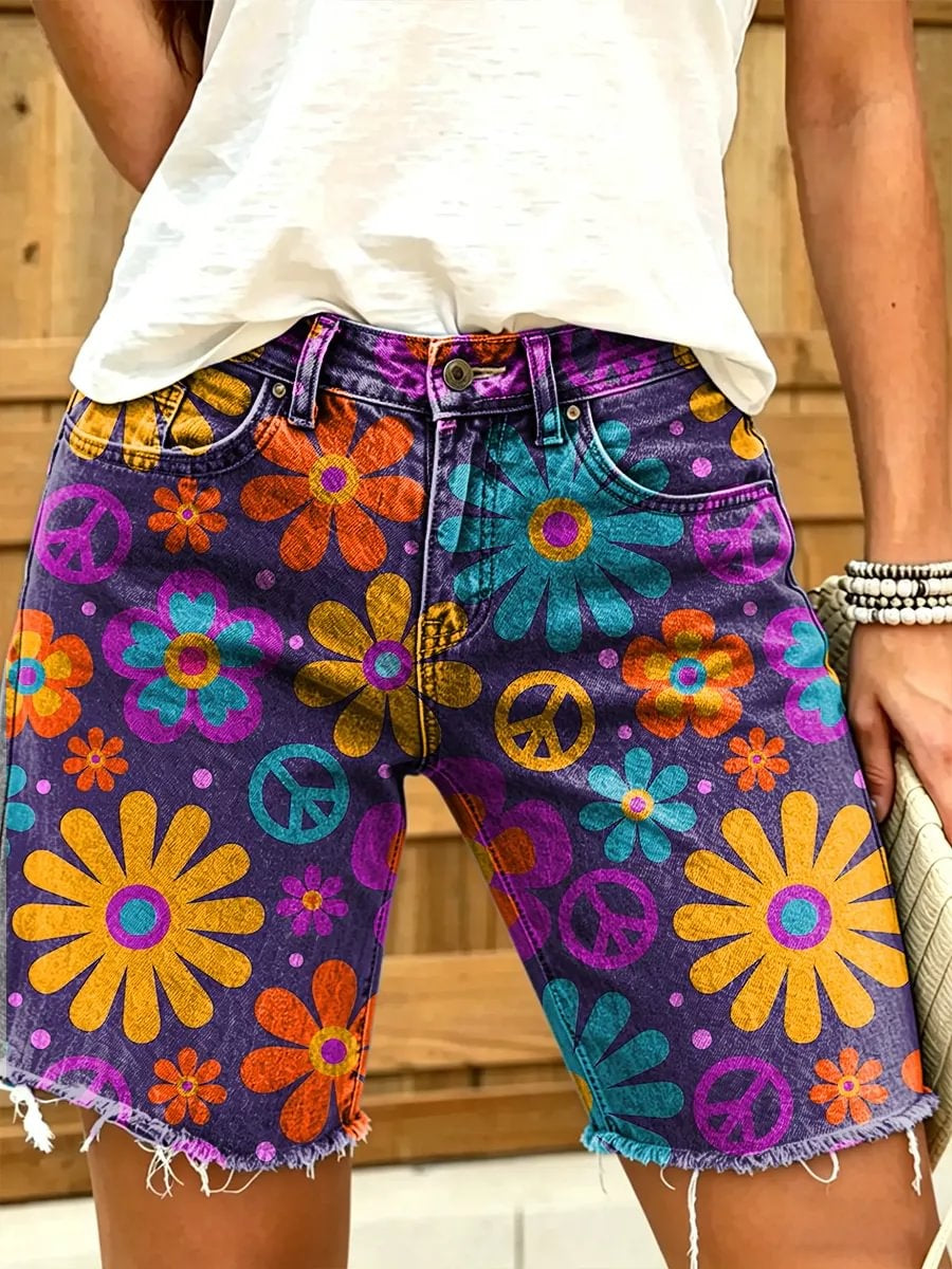 Ethnicity Hippie Flowers Geometry Women's Art Print Casual Denim Shorts