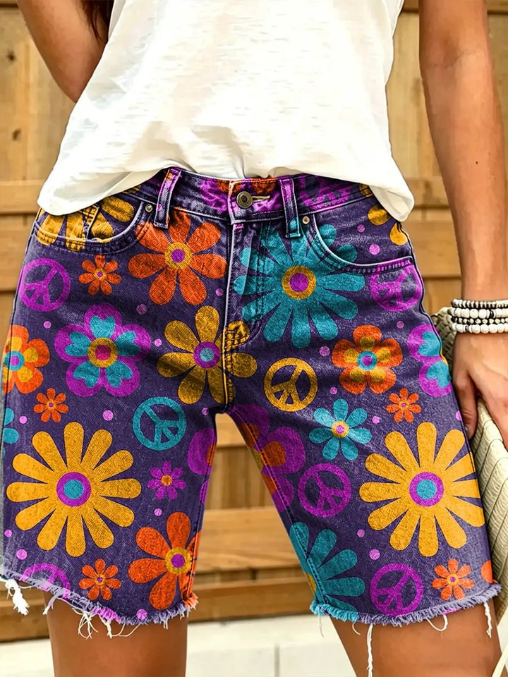 Ethnicity Hippie Flowers Geometry Women's Art Print Casual Denim Shorts