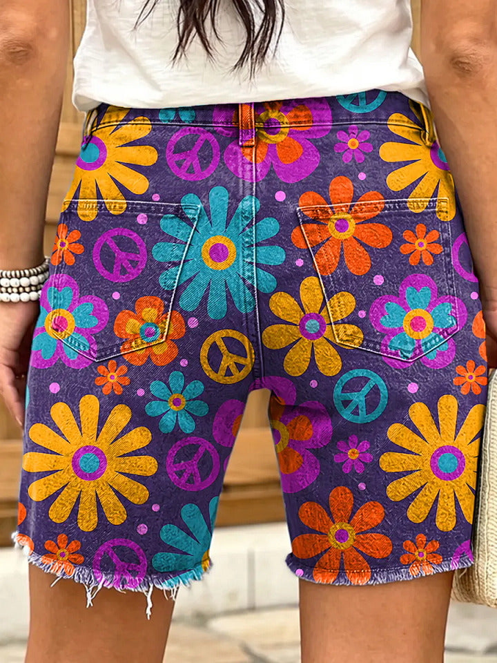 Ethnicity Hippie Flowers Geometry Women's Art Print Casual Denim Shorts