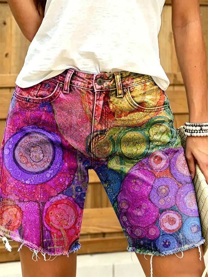 Women's Psychedelic Abstract Geometric Print Frayed Denim Bermuda Shorts