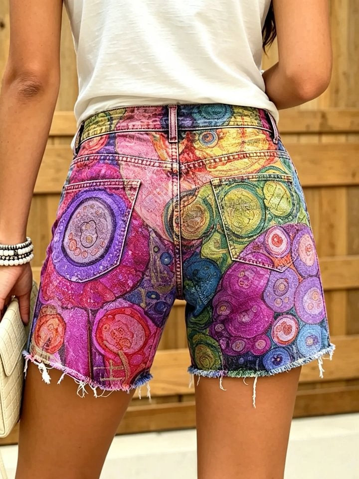 Women's Psychedelic Abstract Geometric Print Frayed Denim Bermuda Shorts