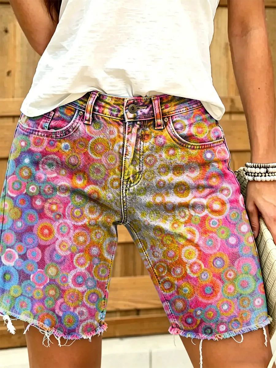 Women's Psychedelic Gradient Circle Print Frayed Denim Bermuda Shorts