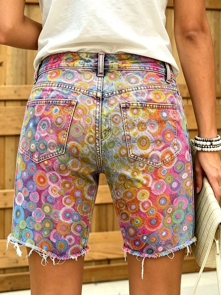 Women's Psychedelic Gradient Circle Print Frayed Denim Bermuda Shorts
