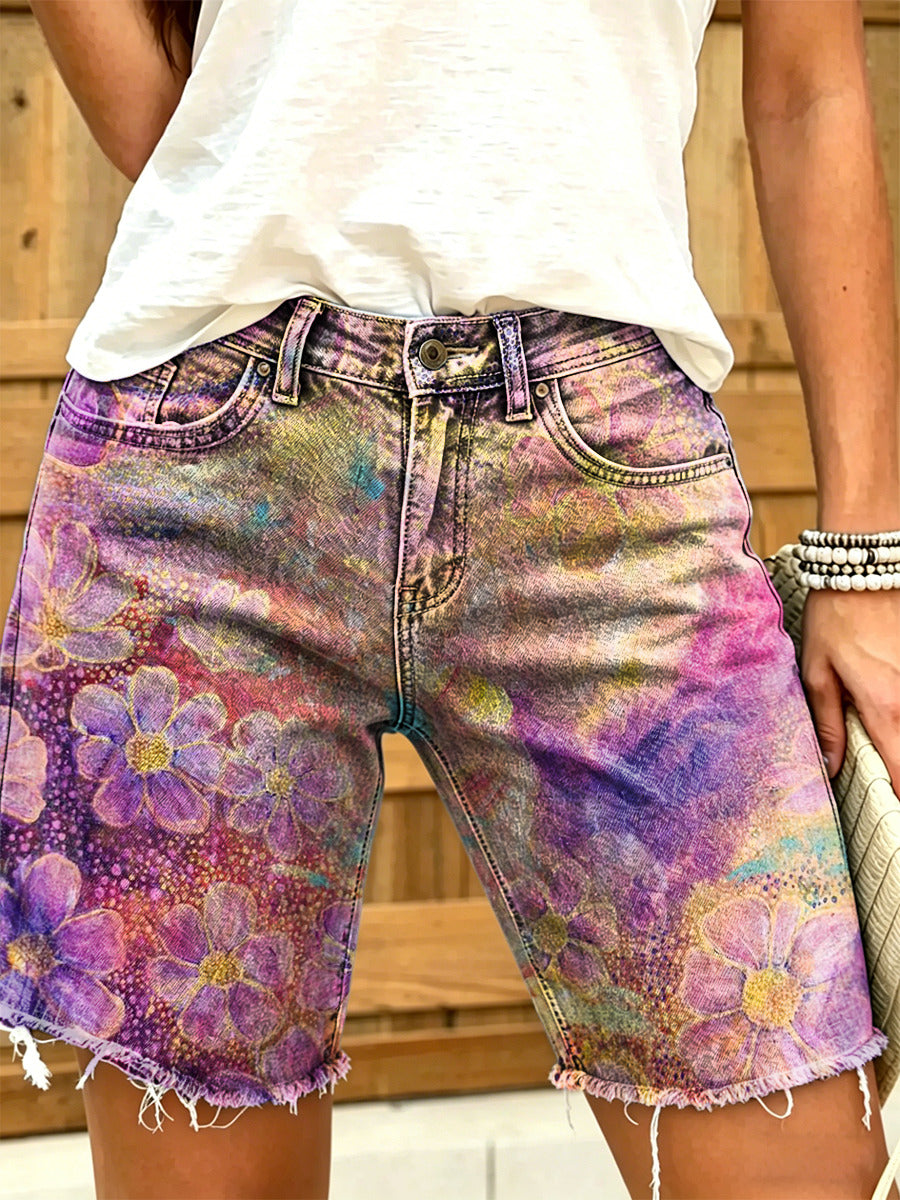 Women's Retro Colorful Floral Art Print Casual Washed Cotton Denim Shorts