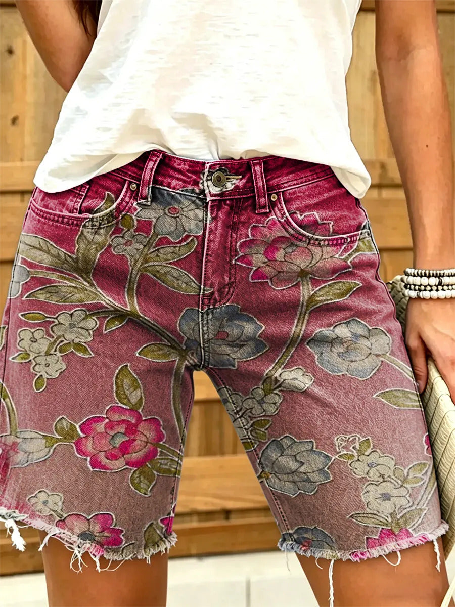Women's floral frayed denim shorts