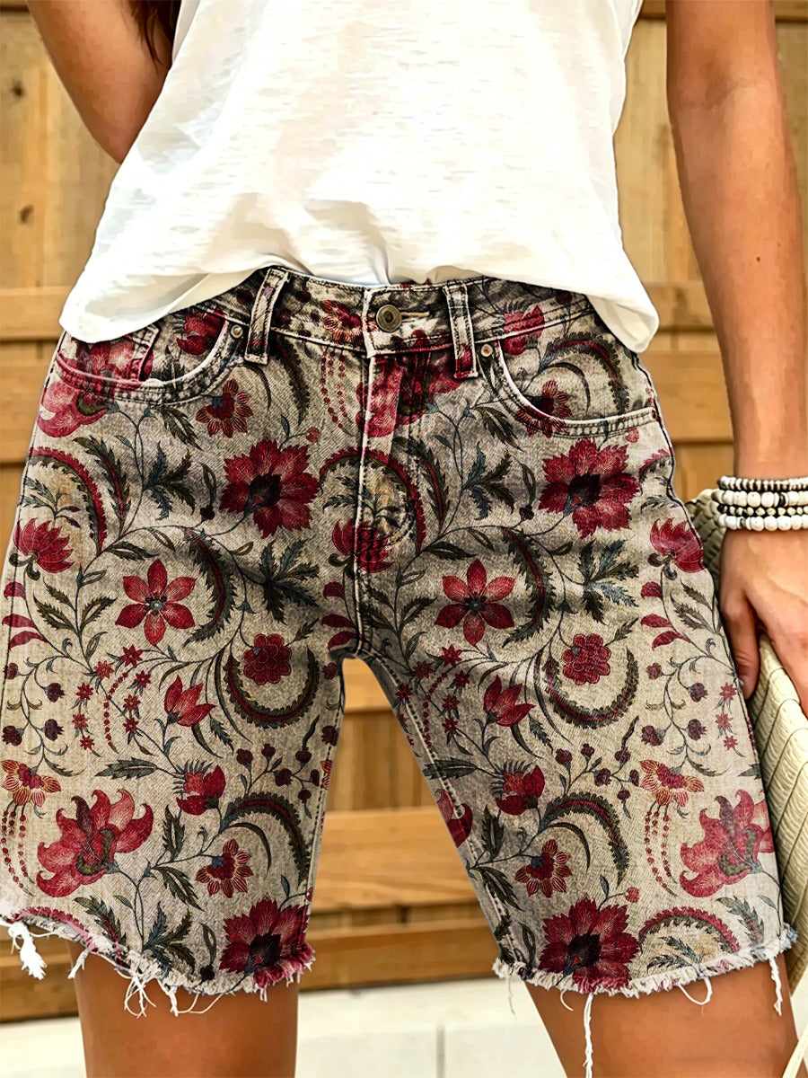 Women's Retro Ethnic Floral Art Print Casual Washed Cotton Denim Shorts