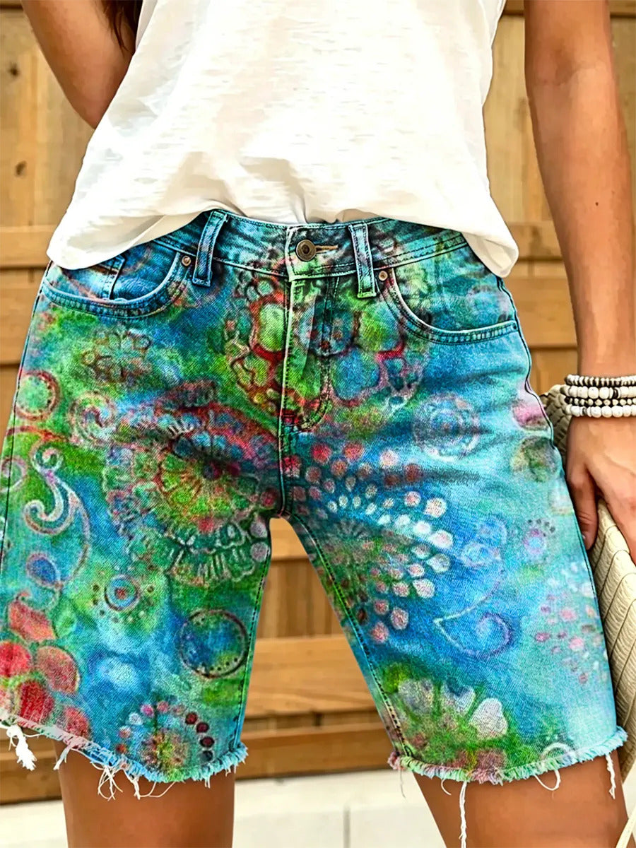 Women's hippie retro tie-dye art print fashion denim shorts
