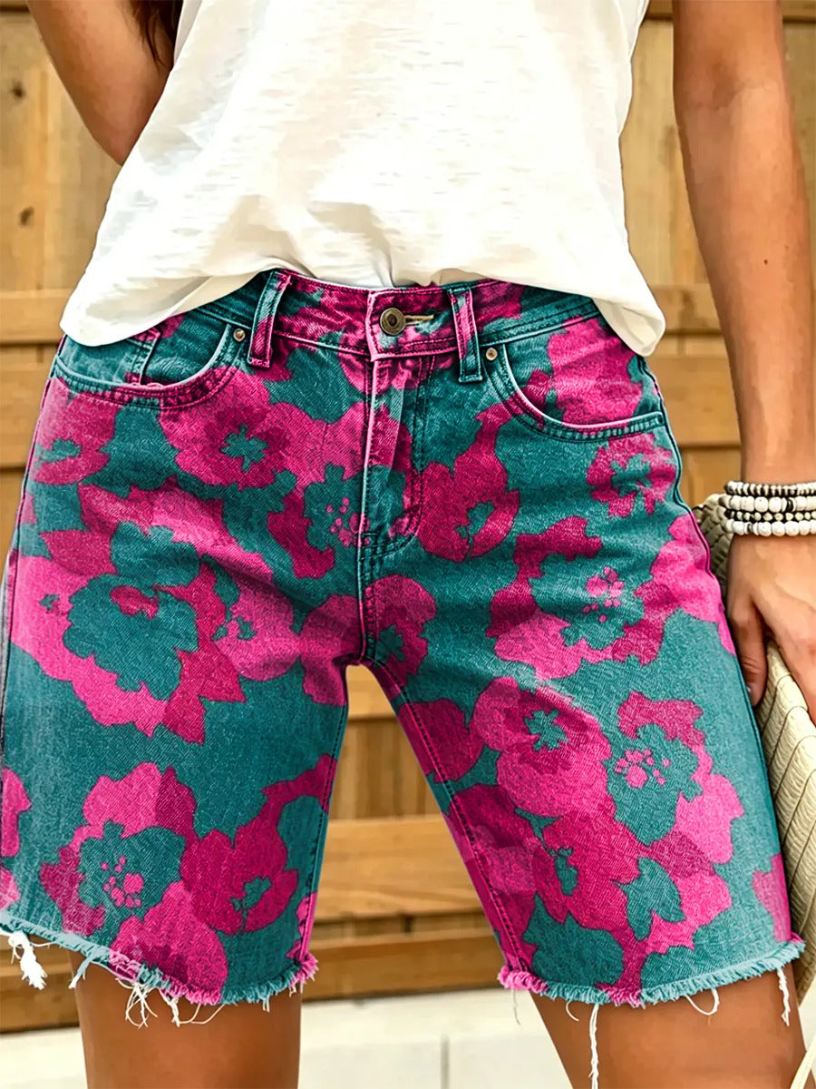 Women's hippie style floral art print fashion denim shorts
