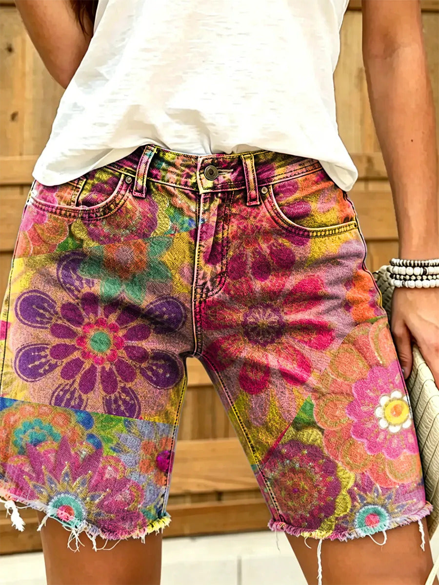 Ethnicity Geometry Flowers Patchwork Women's Art Print Casual Denim Shorts