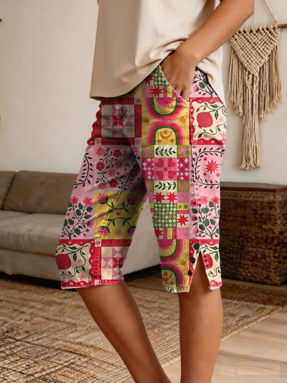 Women's Retro Patchwork Square Floral Art Print Casual Denim Shorts