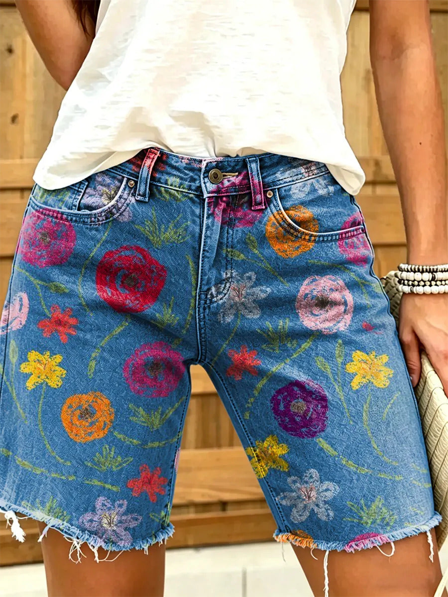 Women's Vintage-Style Floral Art Print Frayed Denim Bermuda Shorts