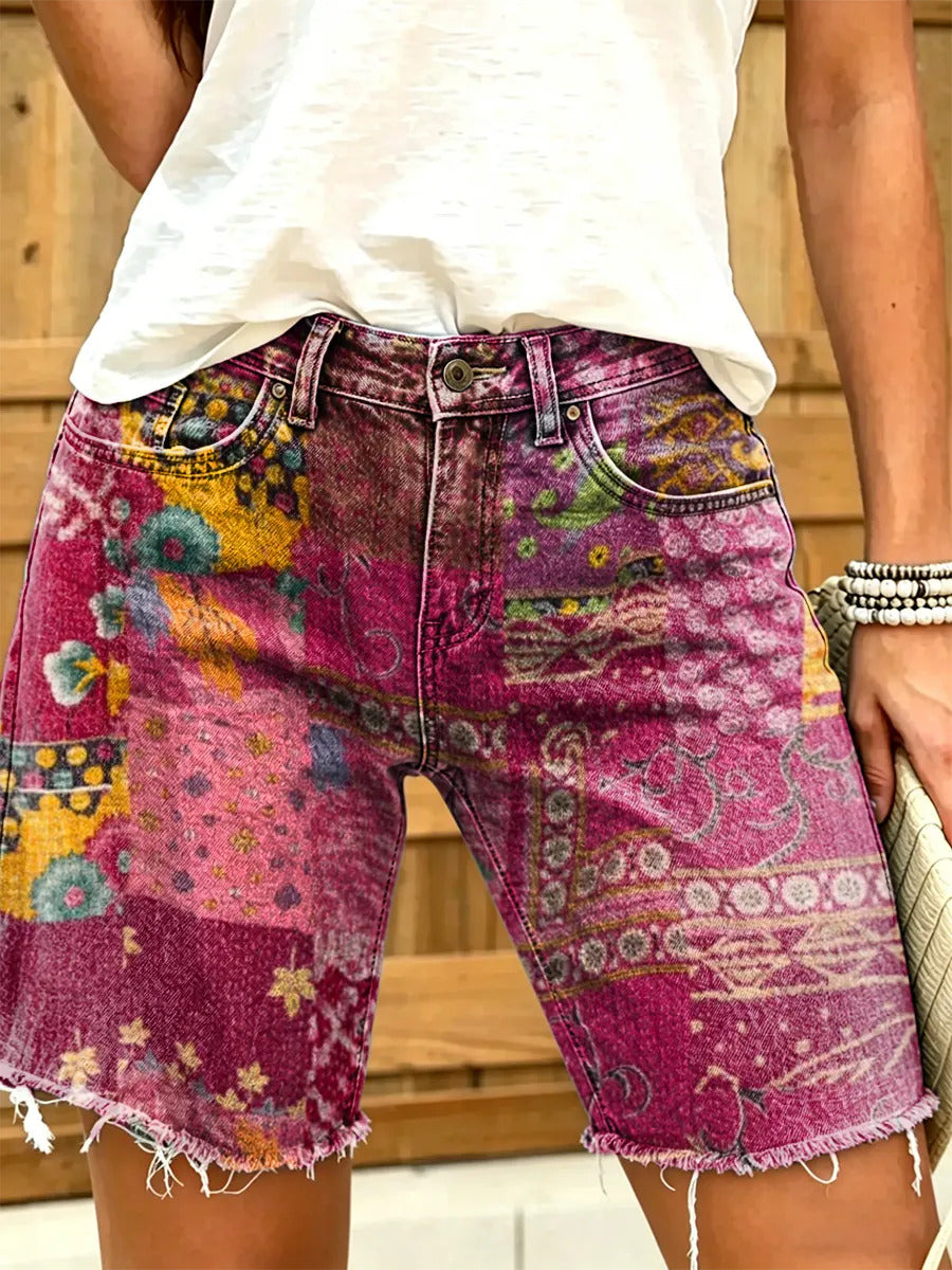 Women's Bohemian Style Patchwork Floral Print Frayed Denim Bermuda Shorts