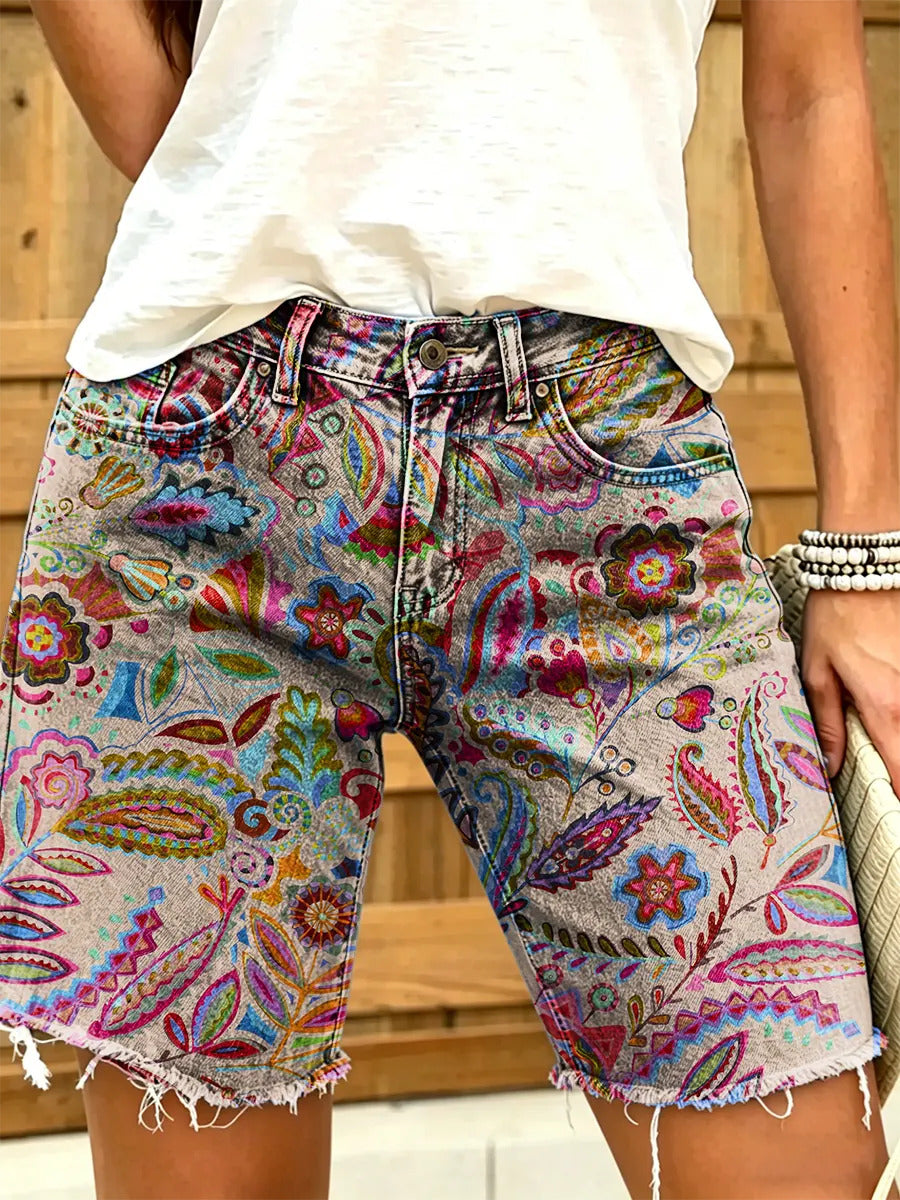 Ethnicity Bohemia Geometry Flowers Women's Art Print Casual Denim Shorts