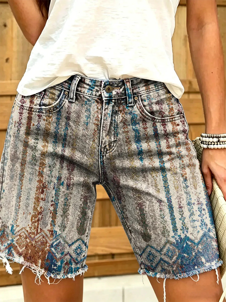 Ethnicity Totem Stripes Women's Art Print Casual Denim Shorts