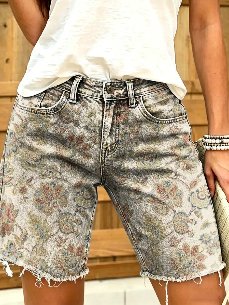Ethnic floral totem women's art print casual denim shorts