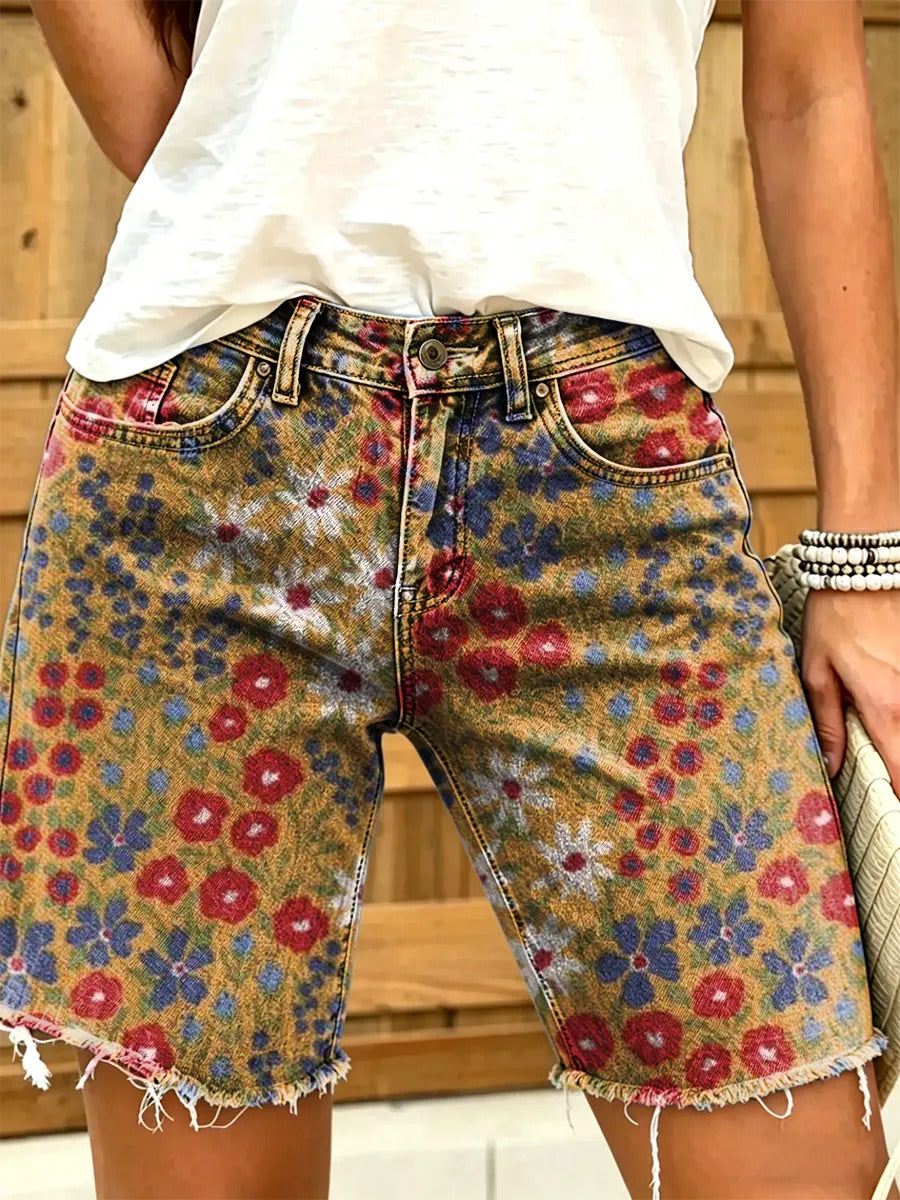 Ethnic floral print women's art print casual denim shorts
