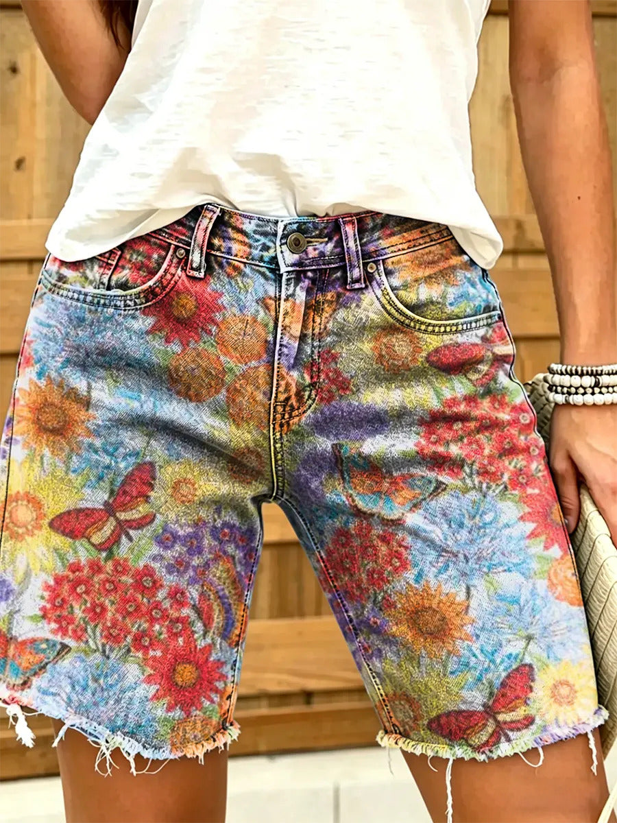 Ethnicity Colorful Flowers Butterfly Women's Art Print Casual Denim Shorts