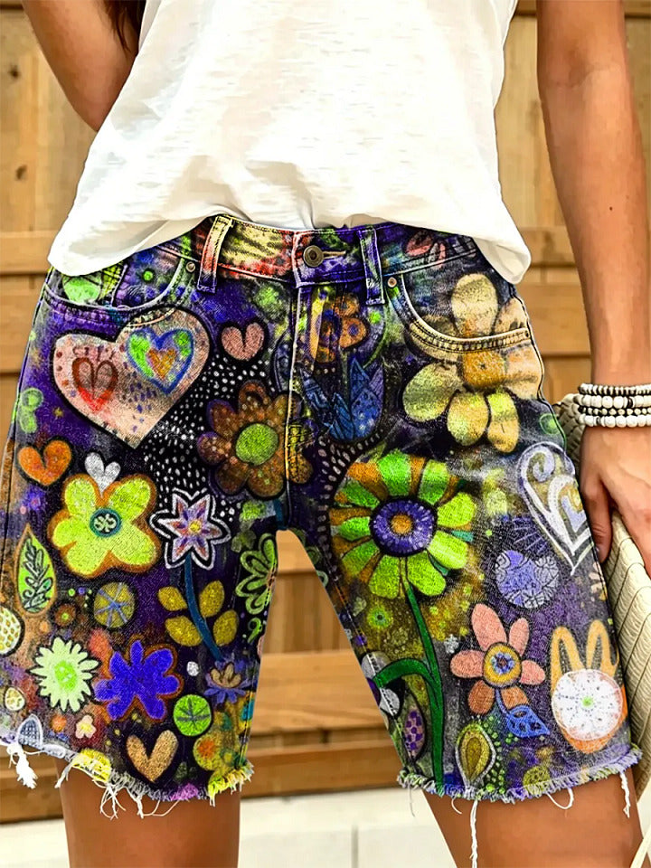 Women's Colorful Floral Print Frayed Hem Denim Shorts