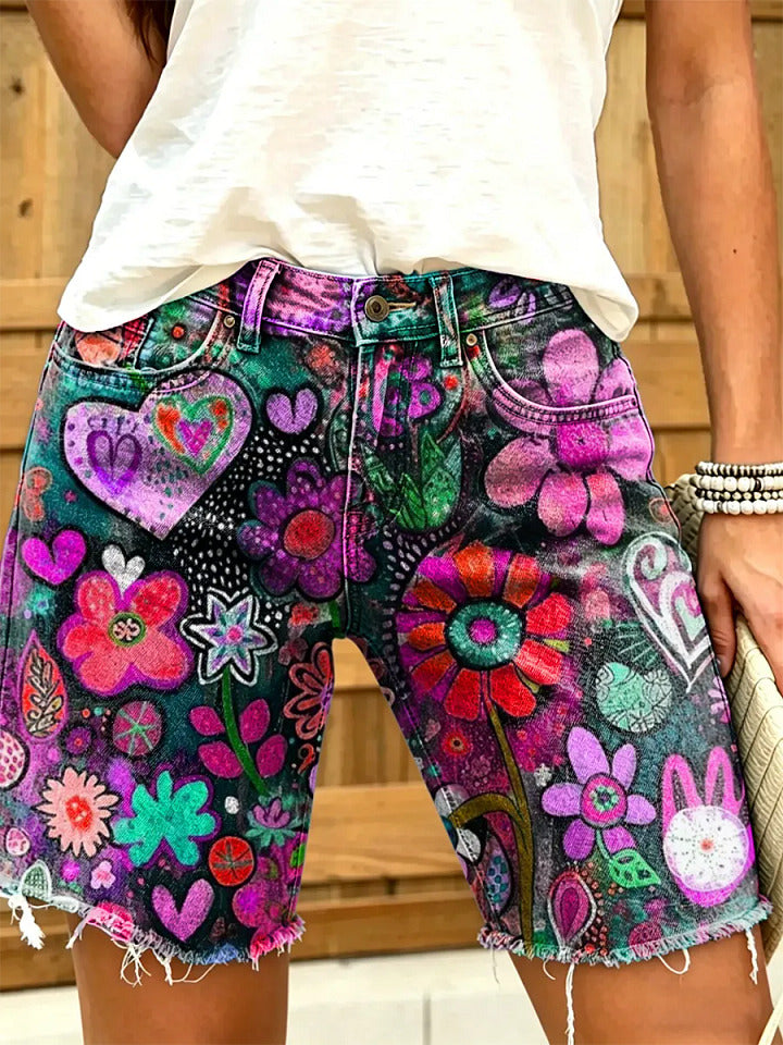 Women's Colorful Floral Print Frayed Hem Denim Shorts