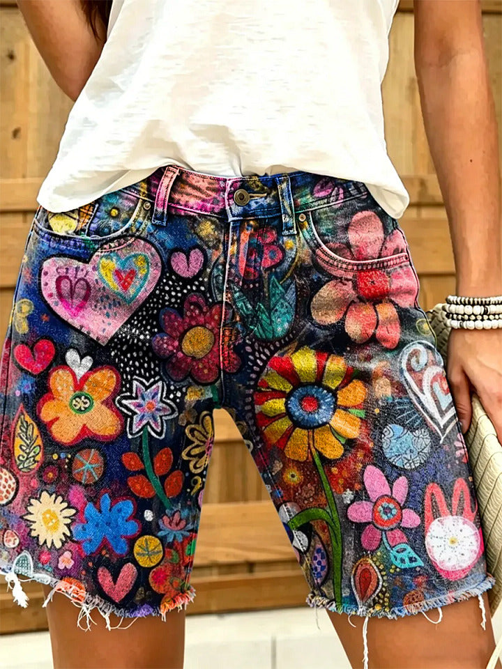 Women's Colorful Floral Print Frayed Hem Denim Shorts
