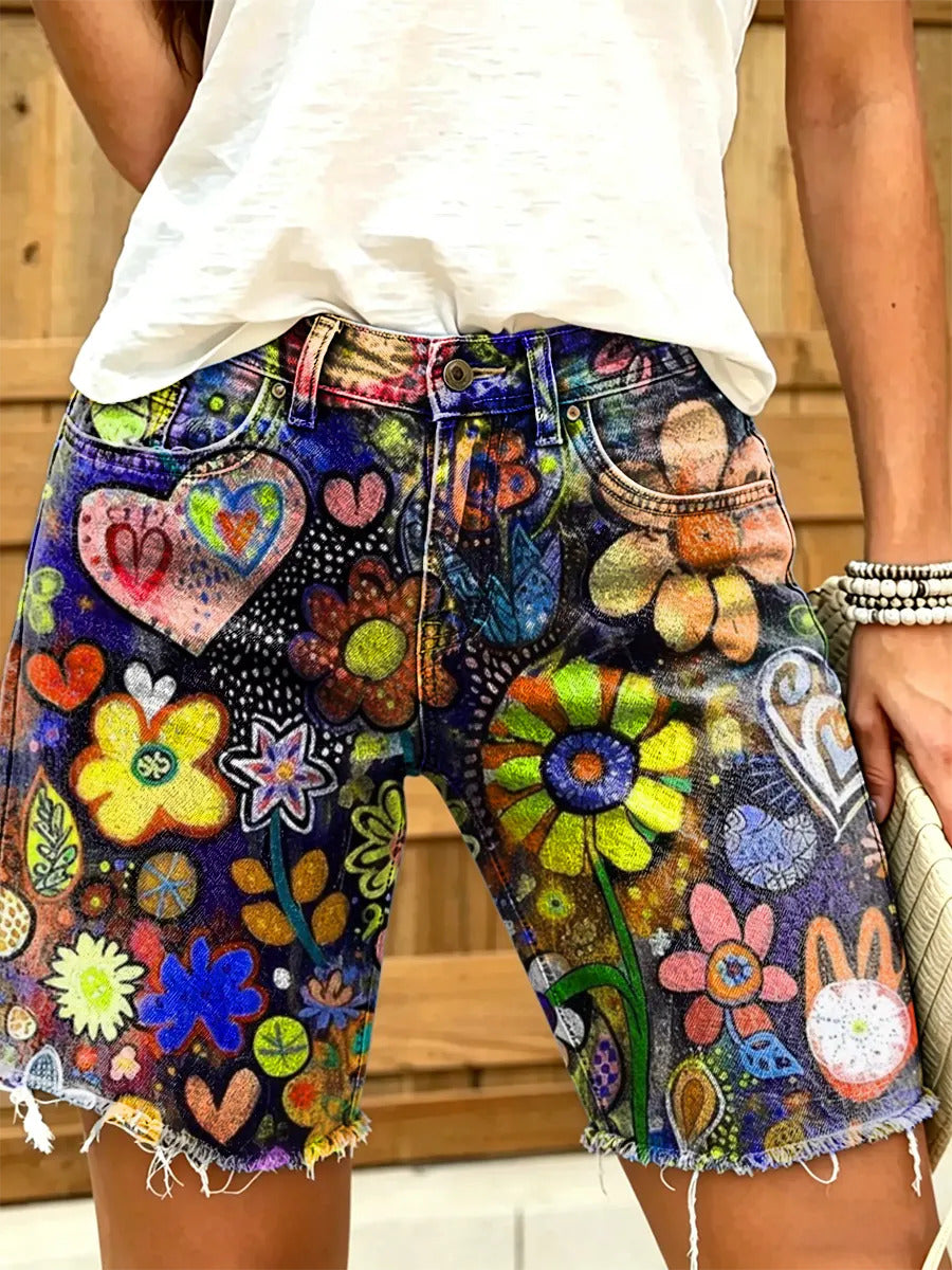 Women's Colorful Floral Print Frayed Hem Denim Shorts