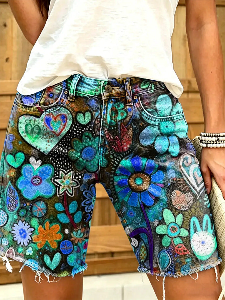 Women's Colorful Floral Print Frayed Hem Denim Shorts