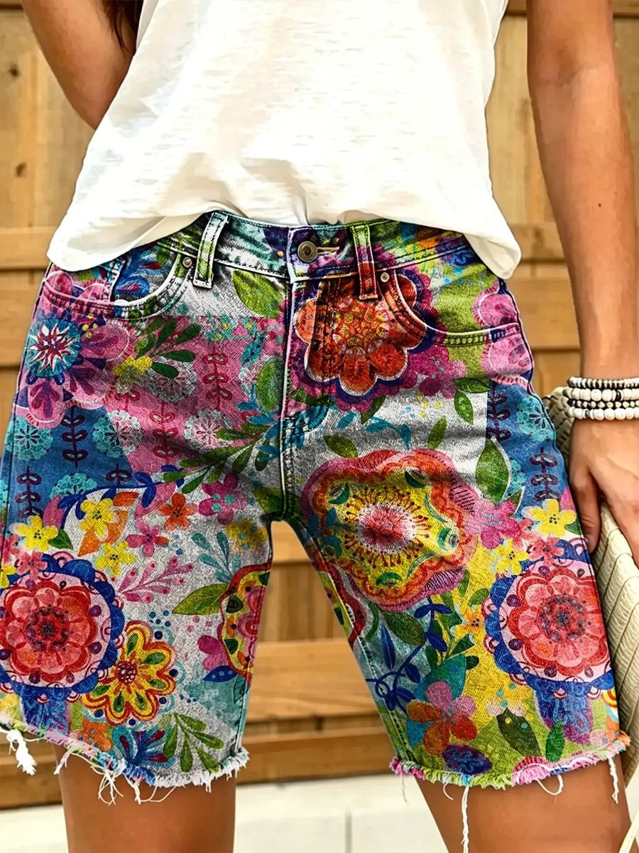 Ethnic Style Colorful Geometric Abstract Floral Art Print Casual Denim Shorts